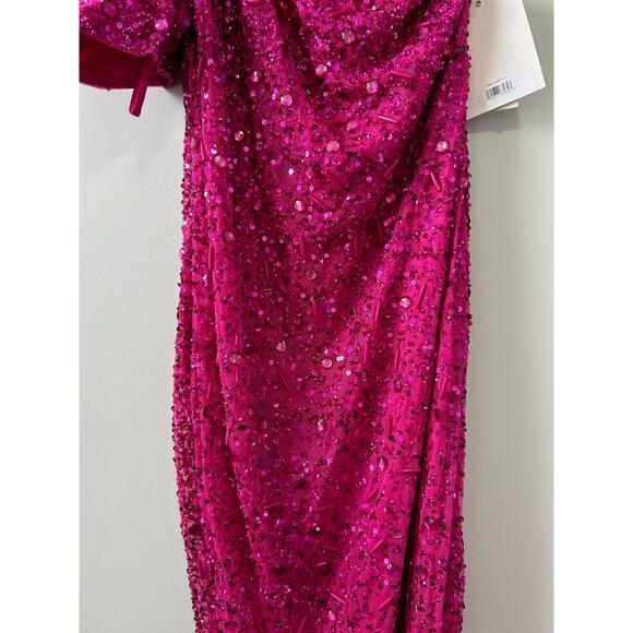 Mac Duggal Hot Pink Beaded Sequined Puff Sleeve One Shoulder Gown Dress Size 10 - Picture 7 of 16